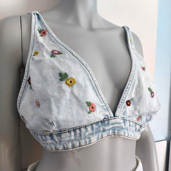 Wild Fable Denim Bra Top Size L Embroidery Floral Boho Festival Adjustable - Picture 3 of 13